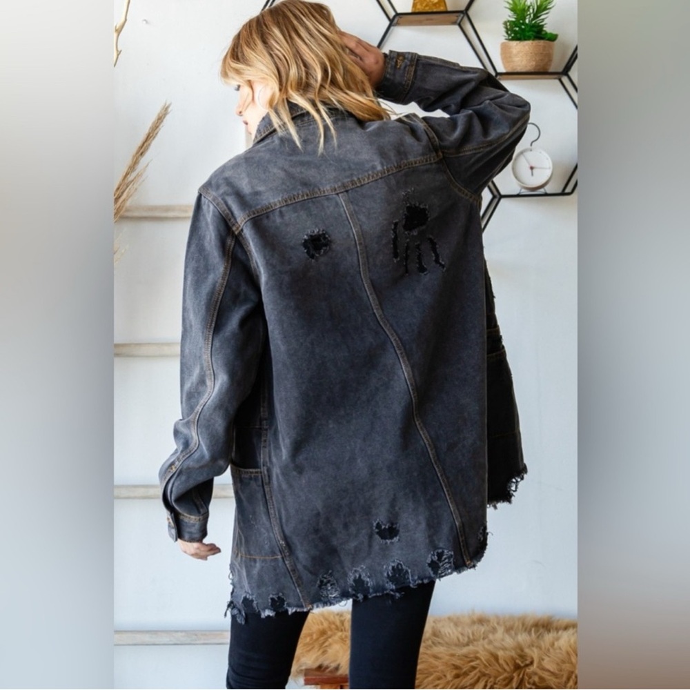 Veveret Small Black Distressed Button Up Denim Jacket Frayed Hem Edgy - Picture 4 of 13